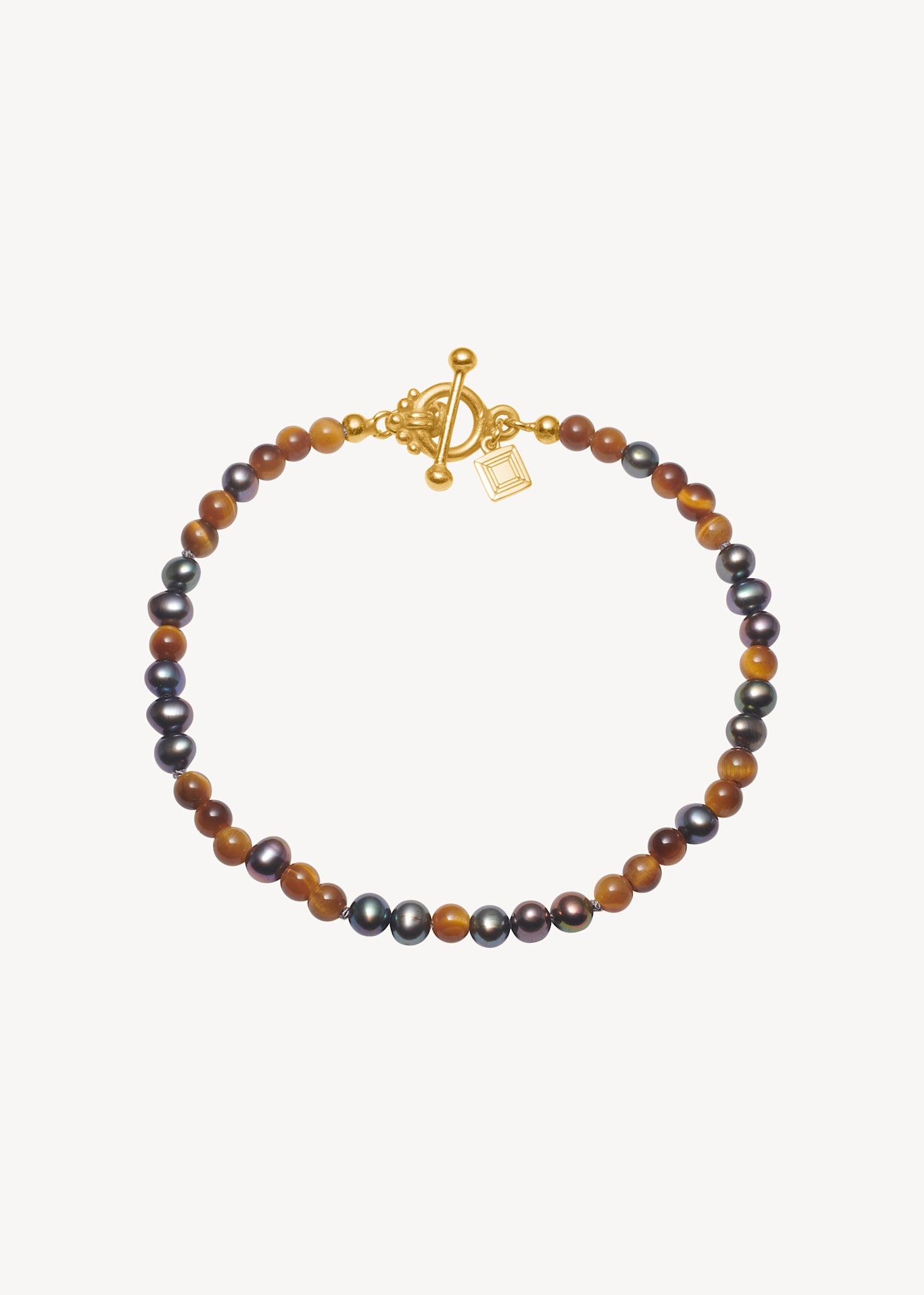Uma armband med Påfågelfjäderpärlor och Tigeröga - guldpläterad
