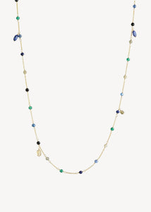 Smuk boho halskæde med blandede ægte ædelsten i blå, grønne og gule farver med lapis lazuli, sort agat, grøn agat, citrin og labradorit ædelsten i en boheme stil - perfekt til sommer smykker, halskæder med sten til ferien og til hverdagshalskæder med spirituelle ædelsten