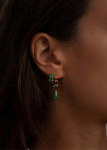 Kvinde med øreringe i guld sat med grønne agat ædelsten fra carré jewellery