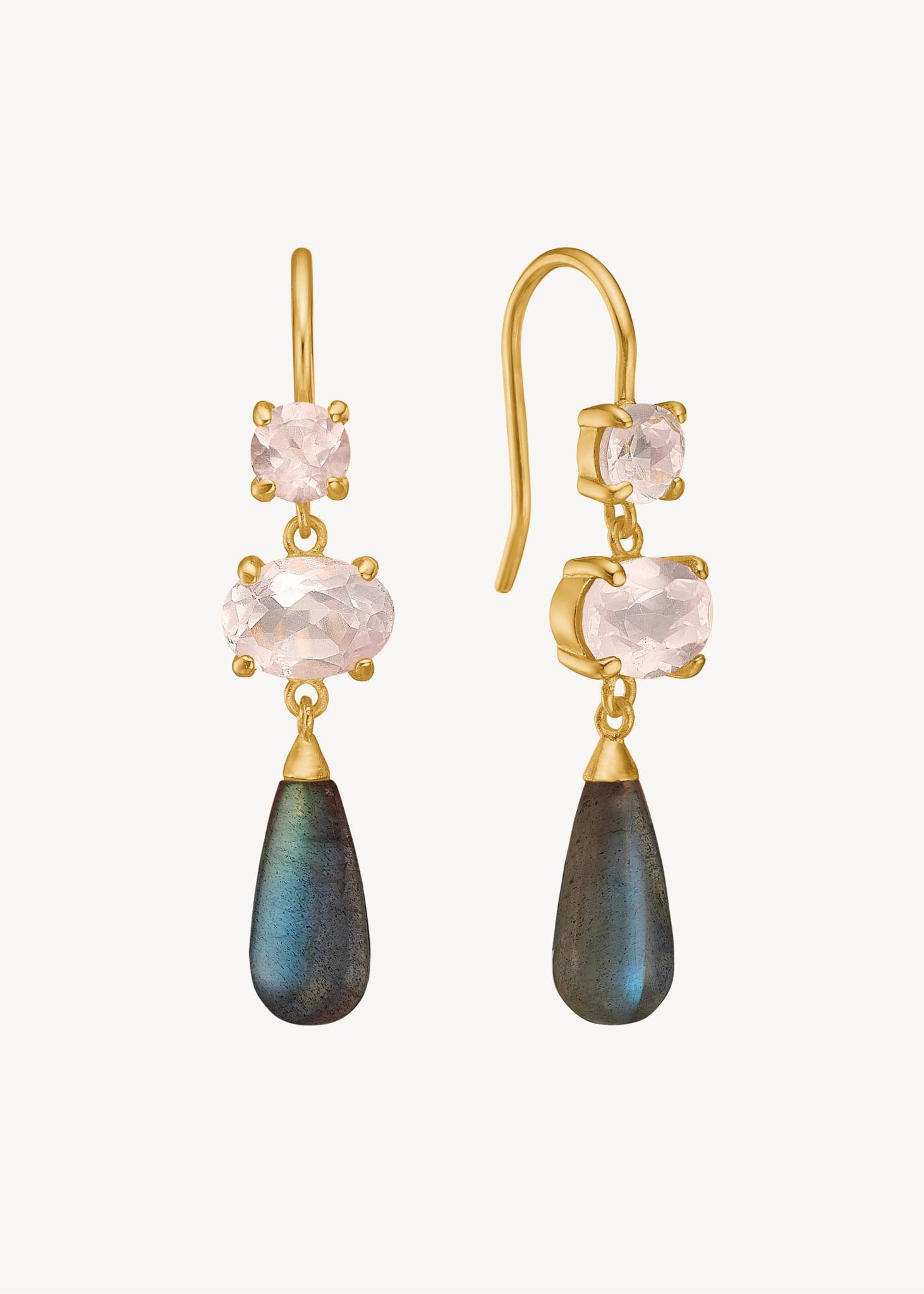 Elegante lange hængeøreringe i guld med rosa kvarts ædelsten og dråber af labradorit ædelsten, perfekte som gaven til hende i guld eller elegante øreringe til fest til hende