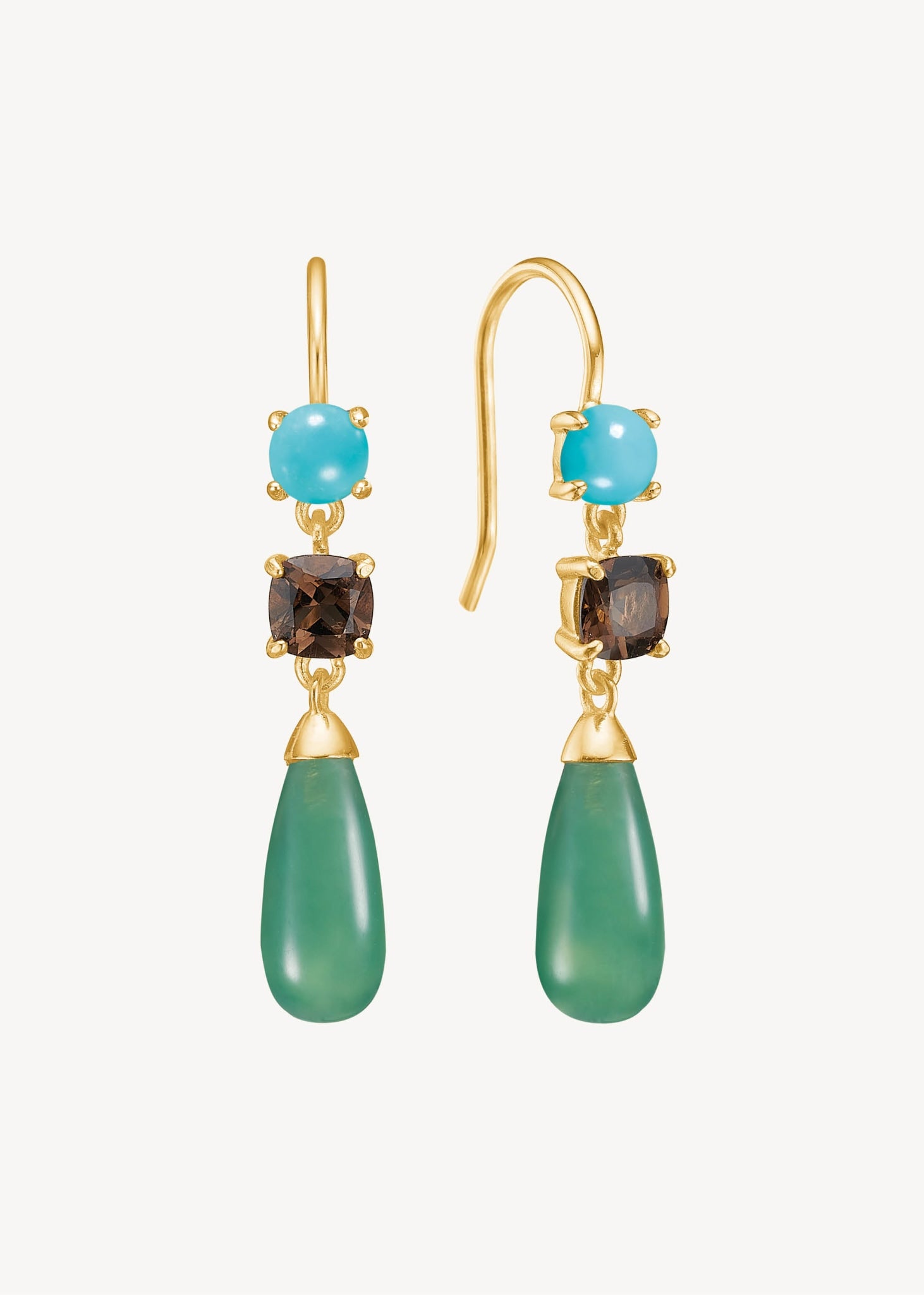 Smukke hængeøreringe med dråbe design i guld med ægte turkis, brun kvarts og grøn agat ædelsten i guld til hende og gaven til hende med farverig stil