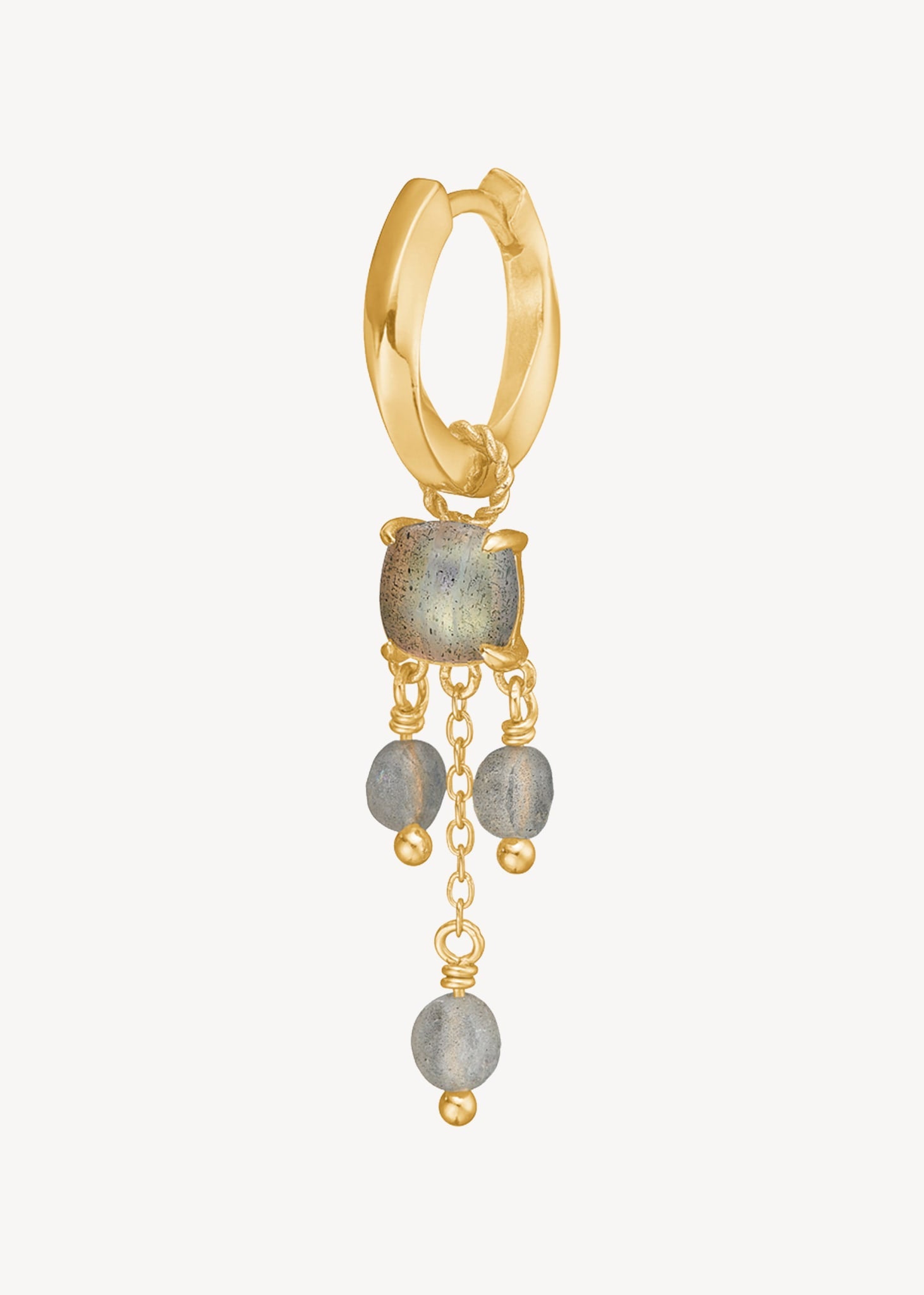 lange hængeøreringe fra carré jewellery i guld med labradorit ædelsten og guld kæder til hoops og charms 