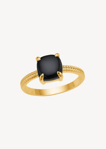Solitare ring i guldbelagt sterling sølv til mænd og kvinder med sildebensmønster på ringen og er sat med en stor, sort agat ædelsten - perfekt gave til hende og smuk ring med sort sten