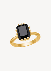 guldbelagt sterling sølv unisex ring til mænd og kvinder med en stor sort agat ædelsten i facetslibning, perfekt gave til ham og gave til hende 