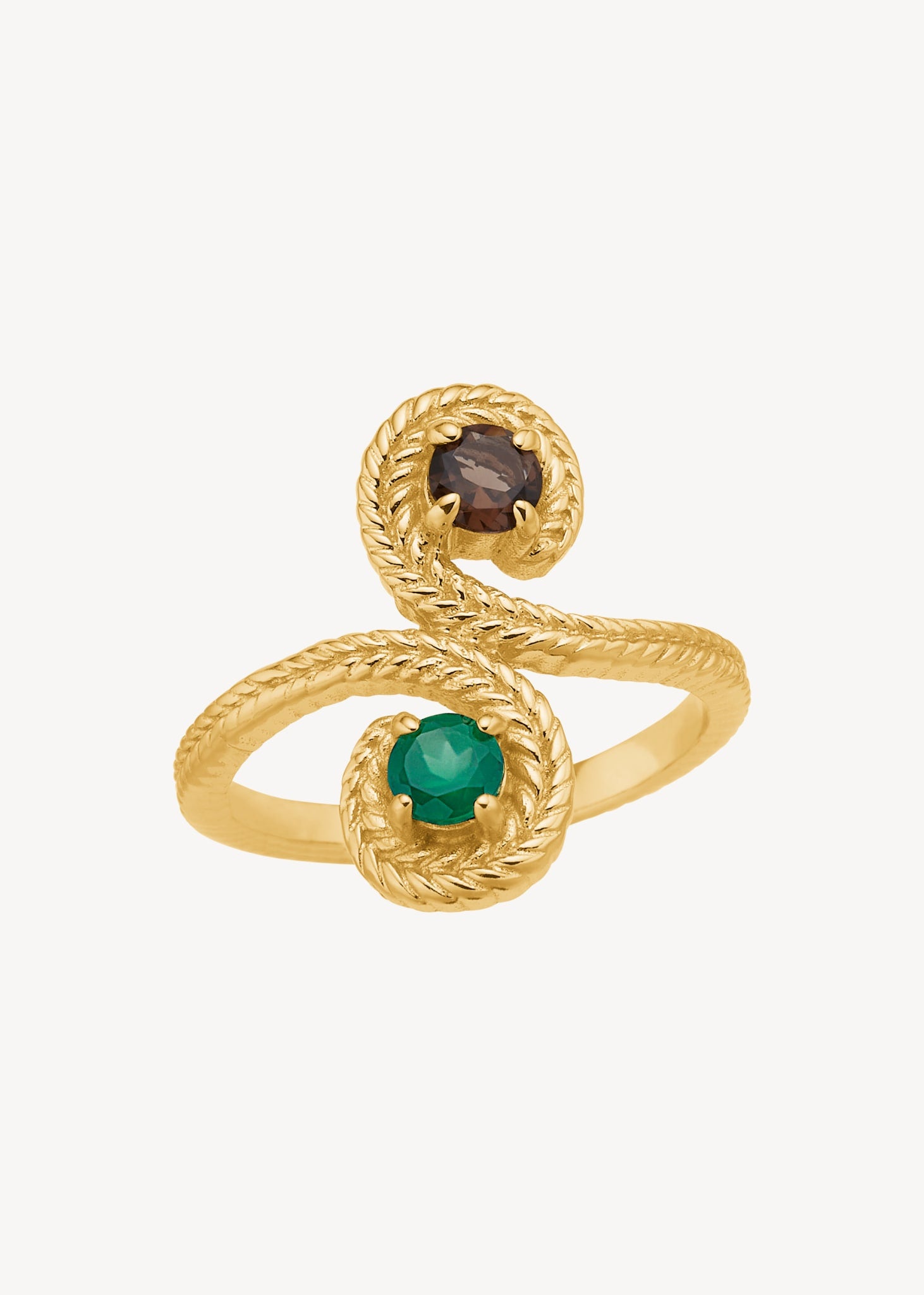 Eternity ring i guldbelagt sterling sølv fra carré jewellery lavet i en S form med sildebensmønster og en grøn agat og en brun kvarts ædelsten