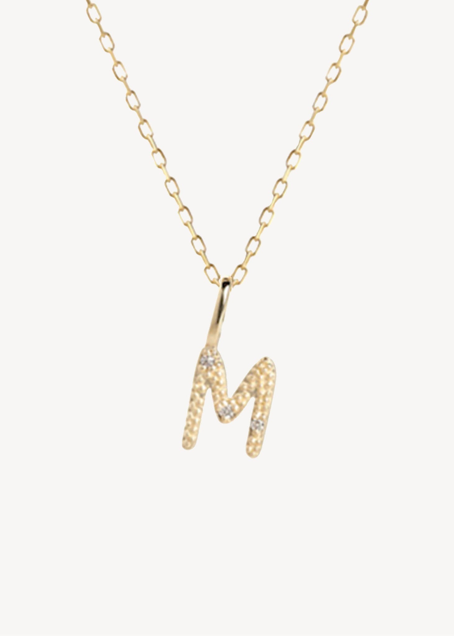 Bogstavsvedhæng til halskæder og armbånd i ægte 10 karat guld med bogstavet M sat med tre diamanter, perfekt gave til hende, dåbsgave og gave til mor