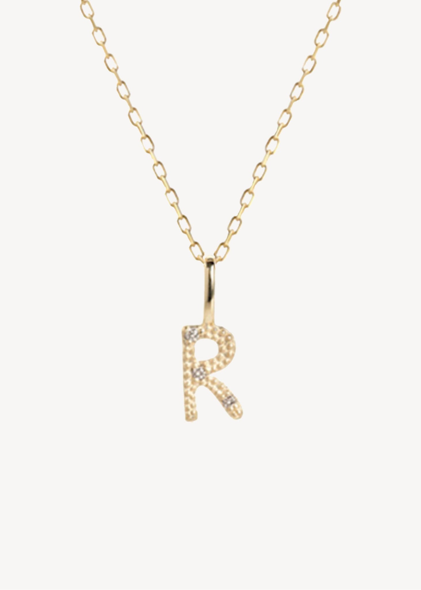 Bogstavsvedhæng til halskæder og armbånd i ægte 10 karat guld med bogstavet R sat med tre diamanter, perfekt gave til hende, dåbsgave og gave til mor