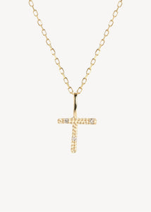 Bogstavsvedhæng til halskæder og armbånd i ægte 10 karat guld med bogstavet T sat med tre diamanter, perfekt gave til hende, dåbsgave og gave til mor, kan også bruges som et kors vedhæng i guld 