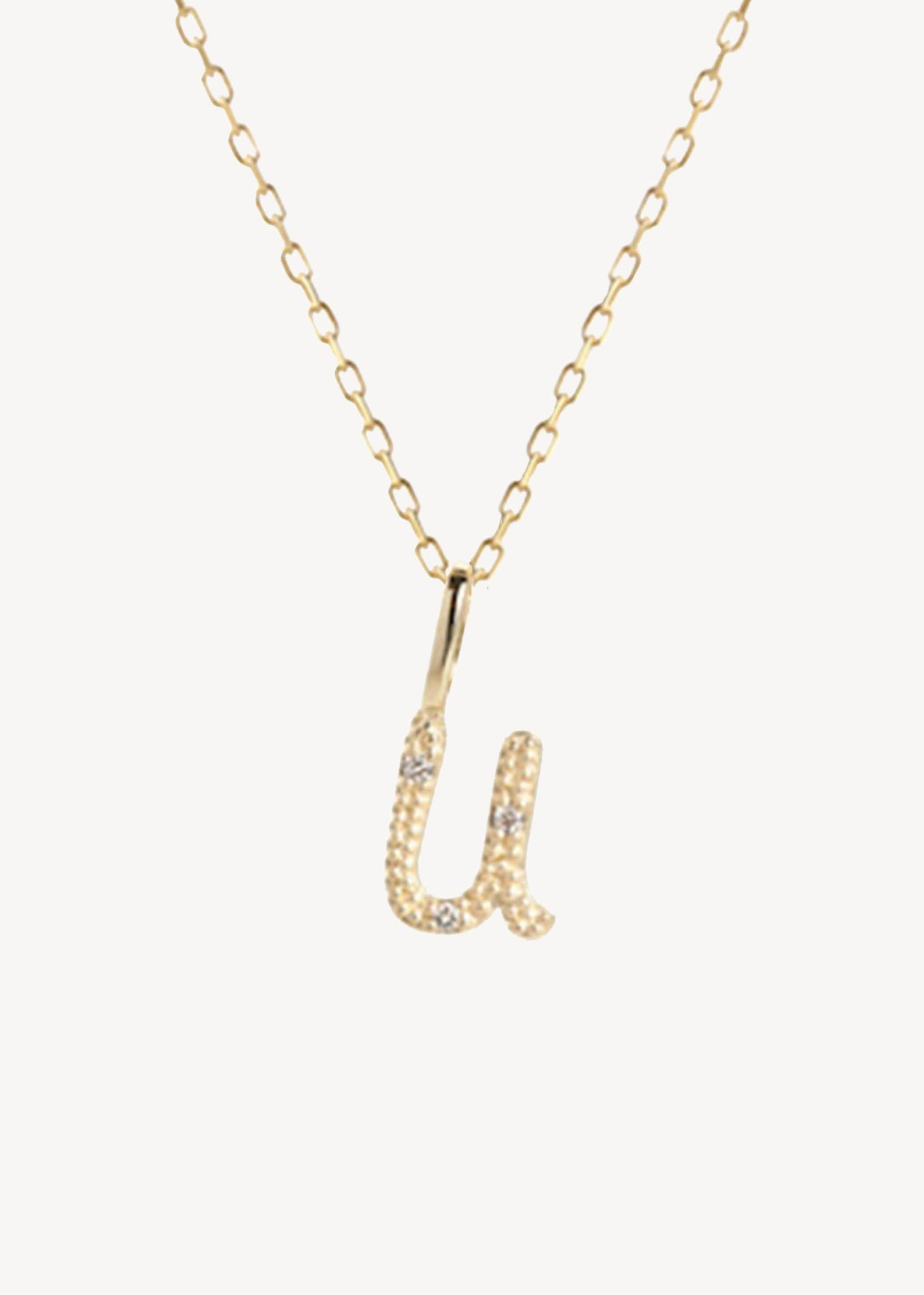 Bogstavsvedhæng til halskæder og armbånd i ægte 10 karat guld med bogstavet U sat med tre diamanter, perfekt gave til hende, dåbsgave og gave til mor