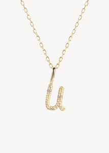 Bogstavsvedhæng til halskæder og armbånd i ægte 10 karat guld med bogstavet U sat med tre diamanter, perfekt gave til hende, dåbsgave og gave til mor