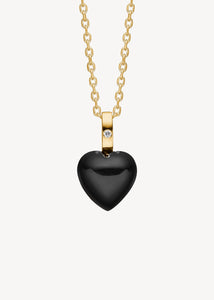 Hjerte vedhæng til halskæder med en diamant i ægte 10 karat guld med en hjerteformet sort agat ædelsten fra Carré Jewellery