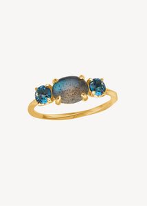 Smuk tre sten ring i ægte 10 karat guld med en rund labardorit ædelsten og to london blå topas ædelsten, der er novembers fødselssten, perfekt gave til hende og ring til fest i ægte guld 