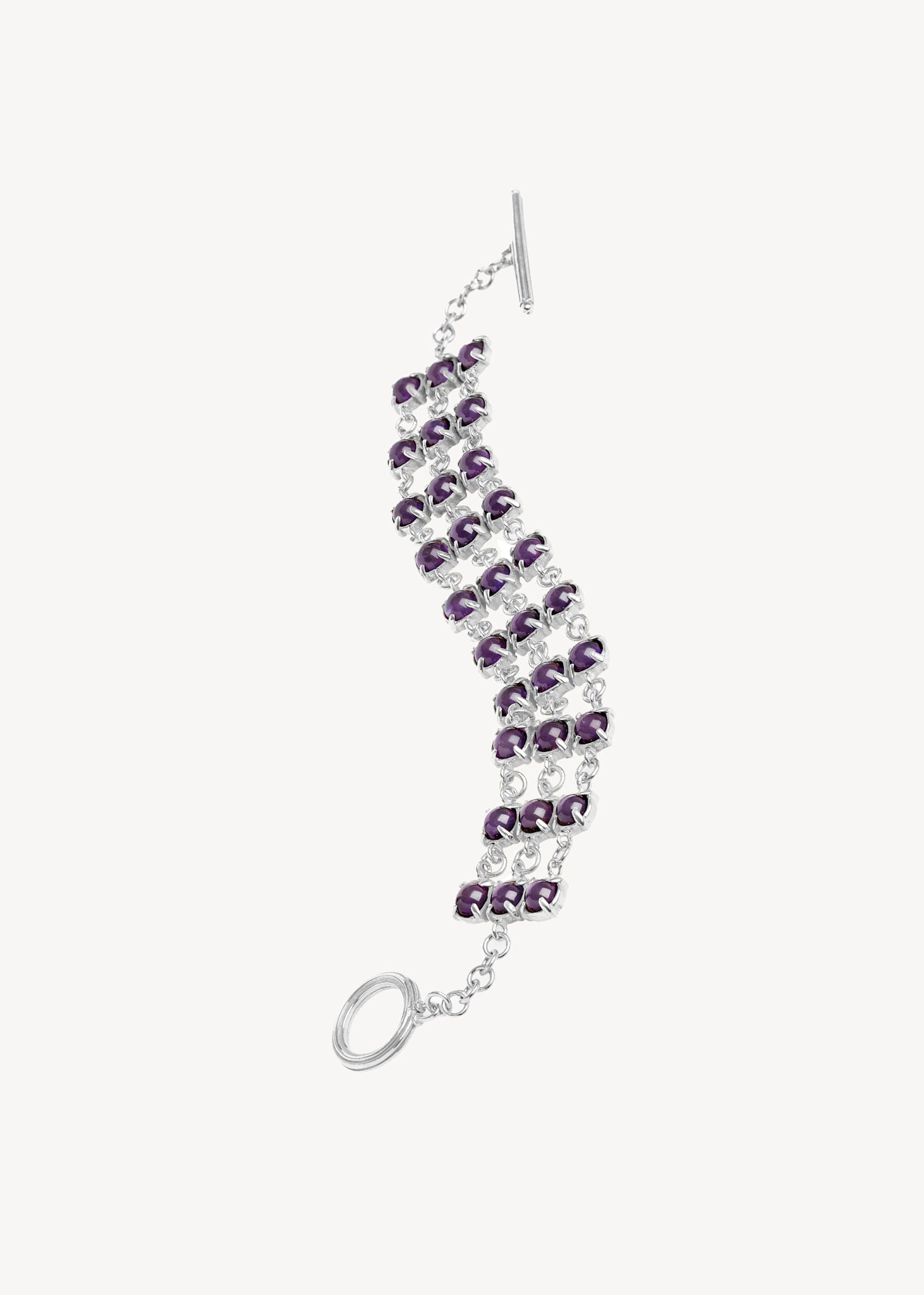 stort chunky vintage armbånd i sterling sølv på udsalg sat med runde ametyst ædelsten på kæder